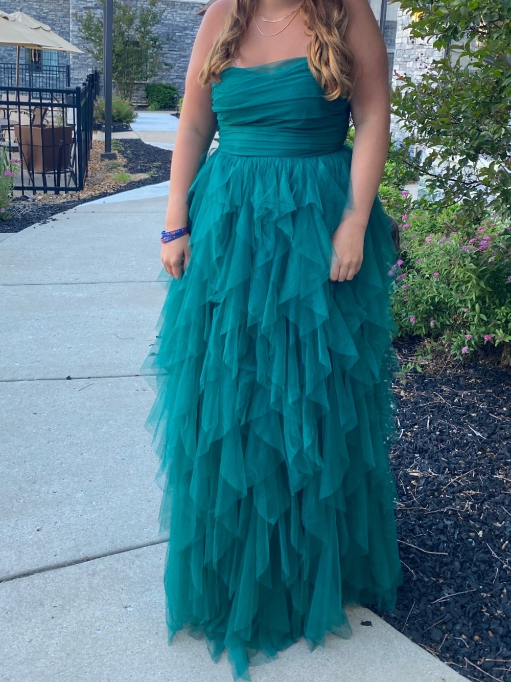 Emerald green strapless prom dress